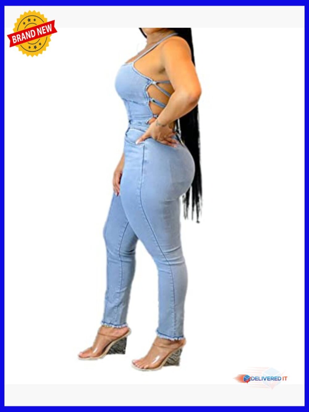 Stretchy Denim Jumpsuit Romper with Pocket Sleeveless High Waist Bodycon - Picture 2 of 6
